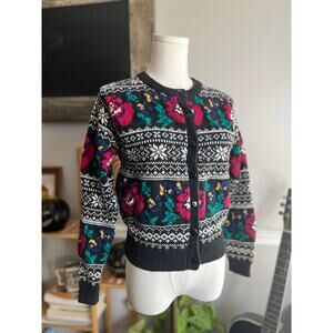 Vintage 80s Black White and Pink Rose Nordic Cardigan Sweater Size Small